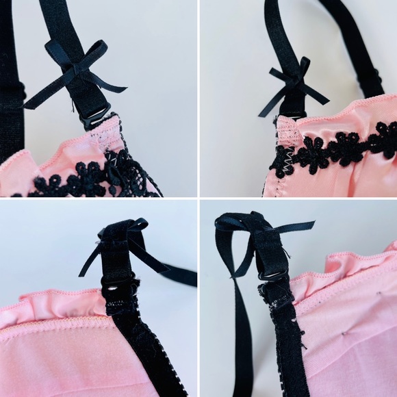 Pink Satin Black Lace Bra and Panties Set - Picture 7 of 16